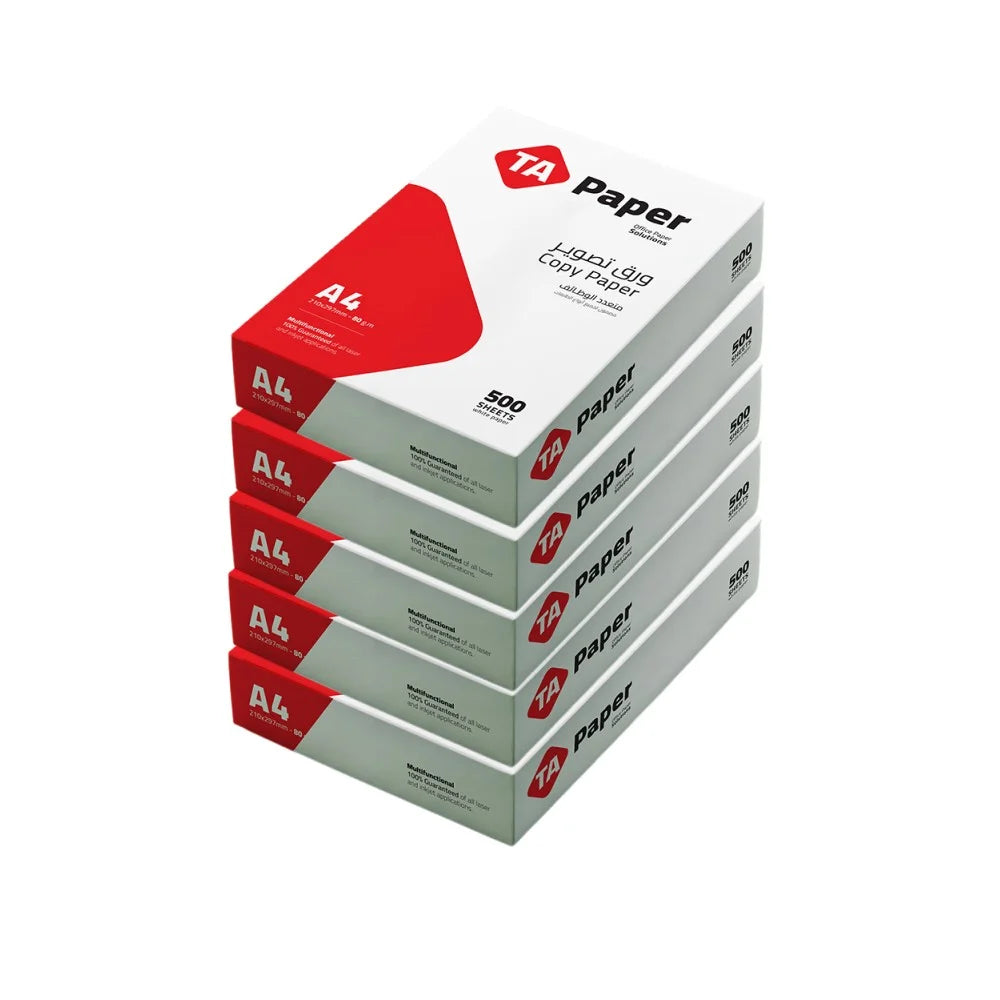 ورق A4 TA PAPER – ورق طباعة 80 جم – كرتون ورق تصوير 5 رزم – أدوات مكتبية عالية الجودة – متجر MADINAHTAIF